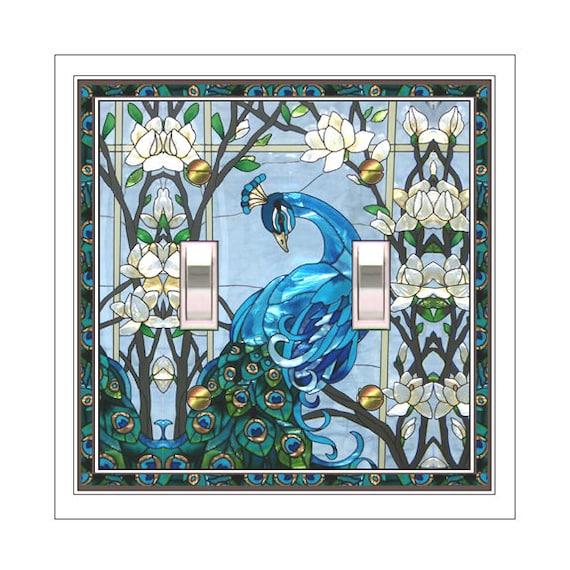 0299X Image of Blue Peacock & Flowers Faux Stained Glass (not glass) ~ Mrs Butler Unique Switchplate Cover ~ Use Drop Down Boxes Below