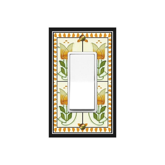 1487X Image of Hand Painted Faux Tile Tulips Palest Yellow, Orange, Green ~ Mrs Butler Unique Switchplate Cover ~ Use Drop Down Boxes Below