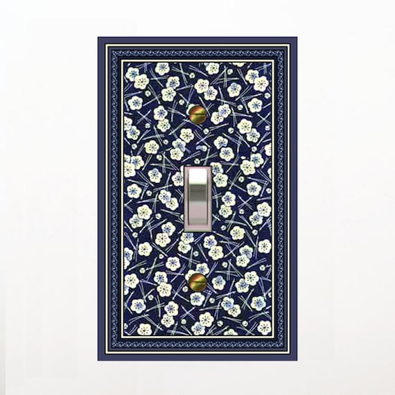 0459X Flat Image of Asian-Inspired Fabric Blossoms Floral Palest Yellow on Indigo ~ Mrs Butler Unique Switchplates ~ Use Drop Down Boxes