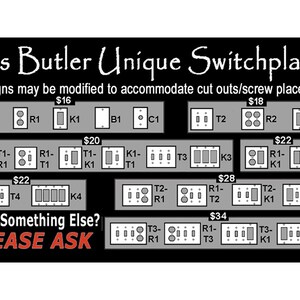 Op de afbeelding: Een prijslijst voor aangepaste schakelaars met verschillende configuraties en prijzen vari&euml;rend van &euro; 16 tot &euro; 34. De tekst "Mrs Butler Unique Switchplates" staat bovenaan de afbeelding. De tekst "Designs may be modified to accommodate cut outs/screw placement*" staat onder de titel.
