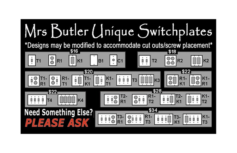 Op de afbeelding: Een prijslijst voor aangepaste schakelaars met verschillende configuraties en prijzen vari&euml;rend van &euro; 16 tot &euro; 34. De tekst "Mrs Butler Unique Switchplates" staat bovenaan de afbeelding. De tekst "Designs may be modified to accommodate cut outs/screw placement*" staat onder de titel.