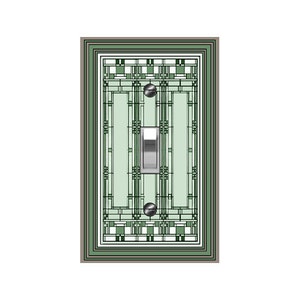 May include: A light switch cover with a green and white geometric design. The switch is silver and has a black knob.