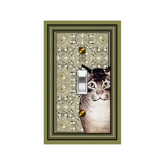 0204A Watercolor Cat on Intricate Olive Green Celtic Floral Design ~ Mrs Butler Unique Switchplate Cover - Use Drop Down Boxes~See More Cats