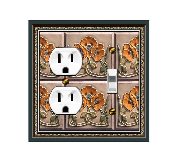 0582B Image of Art Deco Orange Poppies Flowers Faux Tiles ~ Mrs Butler Unique Switchplate Cover ~ Use Drop Down Box Below ~ 0582X Variation