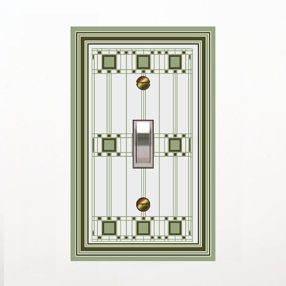 1476X Image of Mod Mission Style Green on White Faux Stained Glass Design ~ Mrs Butler Unique Switchplate Cover ~ Use Drop Down Boxes Below