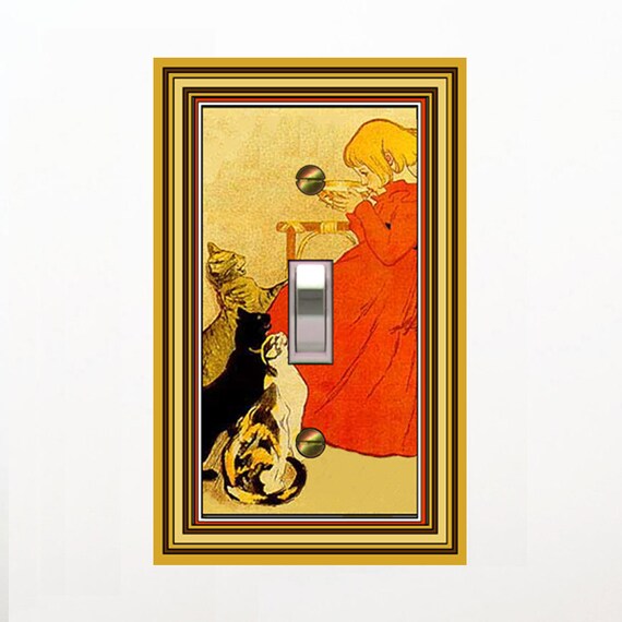 0233X Vintage French Image Child in Red Dress Drinks from Bowl as Cats Beg ~ Mrs Butler Unique Switchplate Cover ~ Use Drop Down Boxes Below