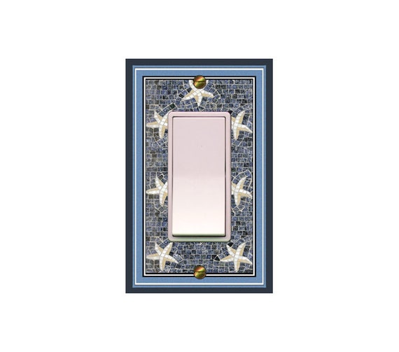 0651X Flat Image of Faux Mosaic Tan White Starfish on Blue Gray Beach Ocean ~ Mrs Butler Unique Switchplate Cover ~ Use Drop Down Box Below