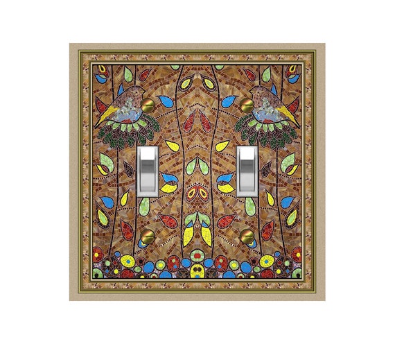 0638X Flat Image of Colorful Faux Mosaic Bird(s) in Nest(s) Among Leaves ~ Mrs Butler Unique Switchplate Cover ~ Use Drop Down Boxes Below