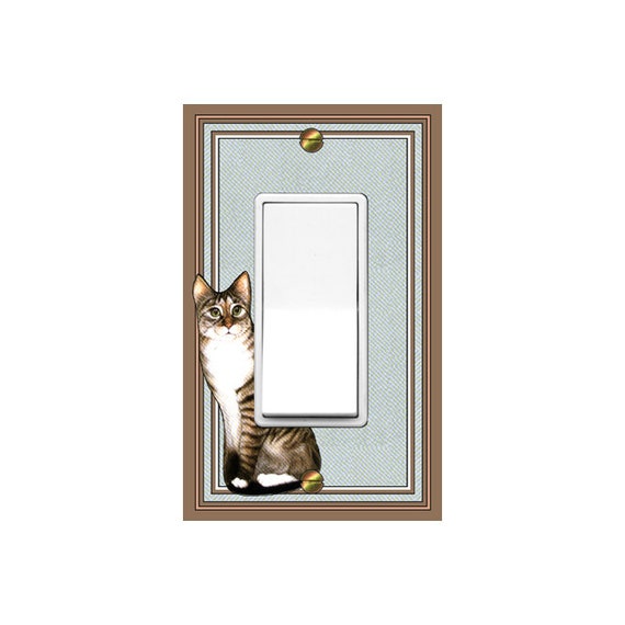 1661X Flat Image of Cat on Faux Pale Blue Cloth ~ Mrs Butler Unique Switchplate Cover ~ Use Drop Down Boxes ~ See Many Other Cat Designs