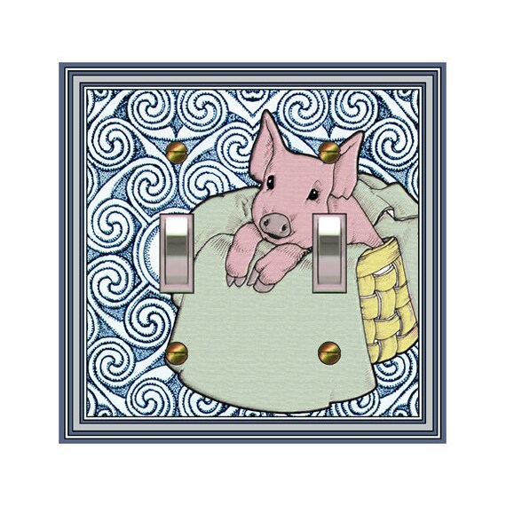 0218A Image of Cute Pig in Basket on Hand-Drawn Swirl/Circle Design ~ Mrs Butler Unique Switchplate ~ Use Drop Downs ~ See 0218B Background