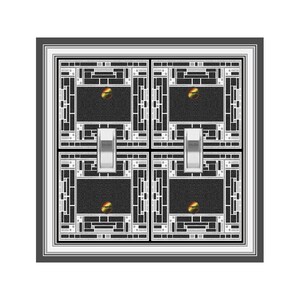 May include: A black and white patterned wall plate with four light switches. Each switch has a silver toggle and a gold accent. The plate is surrounded by a gray frame.
