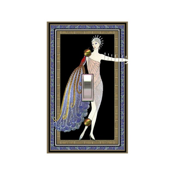 1702X Art Deco Erte Woman Gold Blue Violet Peacock Dress Black Bkgd ~ Mrs Butler Unique Switchplate Cover ~ Use Drop Down Box ~See Many Erte