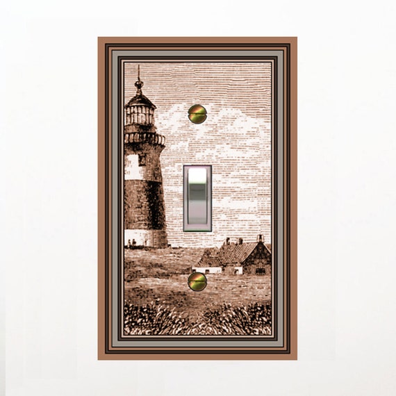 0445X Image of Vintage Brown Lighthouse Landscape w/ House & People ~ Mrs Butler Unique Switchplate Cover ~ Use Drop Downs ~ See Lighthouses