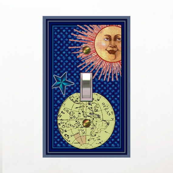 0108A Sun with Face, Star, Earth Globe Map Artistic Design ~ Mrs Butler Unique Switchplate Cover ~ Use Drop Down Boxes Below