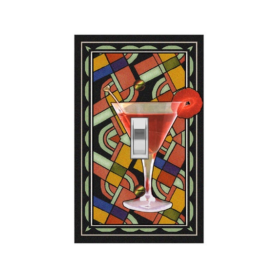 1552A Image Cocktail in Martini Glass on Retro Colorful Faux Stained Glass ~ Mrs Butler Unique Switchplates ~ Use Drop Downs ~See 1552B Bkgd