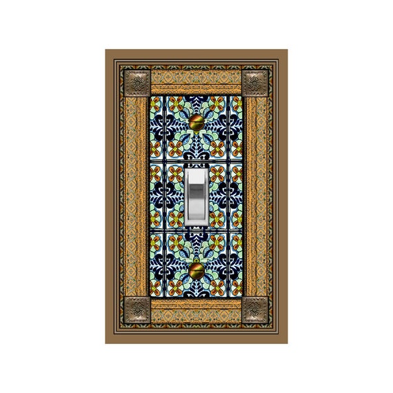 1557B Flat Image Colorful Floral Mexican Tile Bright Faux Bronze Frame ~ Mrs Butler Unique Switchplate Cover ~ Use Drop Down Box ~ See 1557A