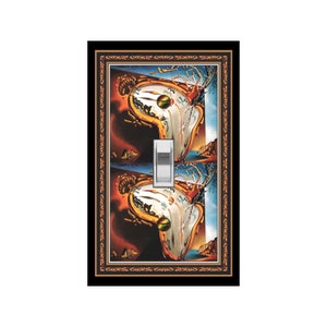 May include: A light switch cover featuring a framed reproduction of Salvador Dali's "The Persistence of Memory" painting. The painting depicts melting clocks in a surreal landscape.