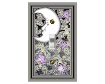 0125A Image of Crescent Moon & Stars on Floral Design ~ Mrs Butler Unique Switchplate Cover ~ Use Drop Down Boxes ~ 0125B Background Design