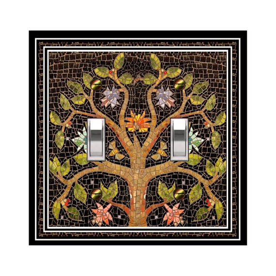 0580X Flat Image of Faux Mosaic Tree w/ Flowers & Bees on Black ~ Mrs Butler Unique Switchplate Cover ~ Use Drop Down Boxes Below