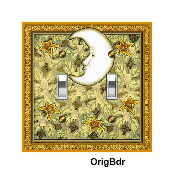 0125C Flat Image Crescent Moon & Stars on Faux Gold Floral Watercolor~Mrs Butler Unique Switchplates~Use Drop Downs~See 0125A-B Variations