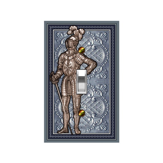 0723A Flat Image of Medieval Knight on Blue Tint Faux Tin Tile ~ Mrs Butler Unique Switchplate Cover ~ Use Drop Down Box ~0723B-D Variations