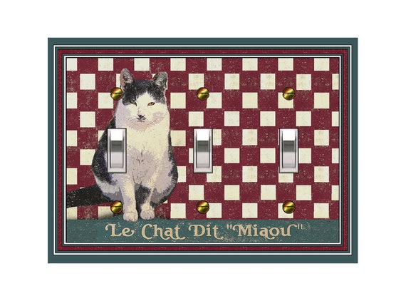 0156X Faux Vintage Sign French Bistro Le Chat Cat on Checkerboard Tablecloth ~ Mrs Butler Unique Switchplates ~ Use Drop Down Boxes Below