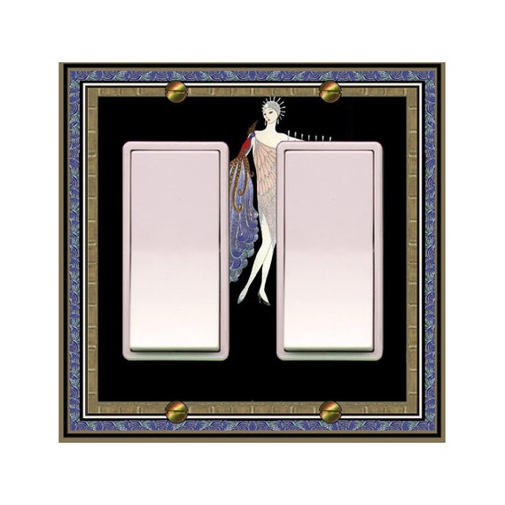 1702X Art Deco Erte Woman Gold Blue Violet Peacock Dress Black Bkgd ~ Mrs Butler Unique Switchplate Cover ~ Use Drop Down Box ~See Many Erte