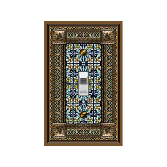 1557A Flat Image Colorful Floral Mexican Tile w/ Faux Bronze-look Frame ~ Mrs Butler Unique Switchplate Cover - Use Drop Down Box ~See 1557B