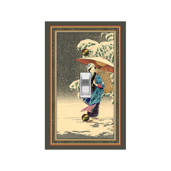 0163X Traditionally Dressed Asian Woman Under Umbrella w/ Basket & Tree in Snow Storm ~ Mrs Butler Unique Switchplate ~ Use Drop Downs Below
