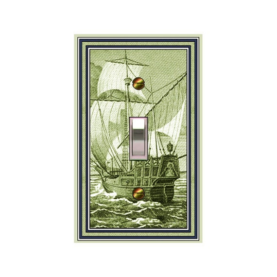0456B Money Clipper Ship on Ocean Design in Green ~ Mrs Butler Unique Switchplate Cover ~ Use Drop Down Boxes ~ See 0456A & C Other Versions