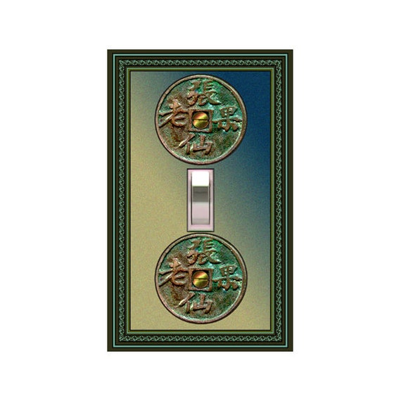 0424A Image of Ancient Antique Asian Bronze Coins on Olive Teal ~ Mrs Butler Unique Switchplate Cover ~ Use Drop Down Box Below ~ See Coins