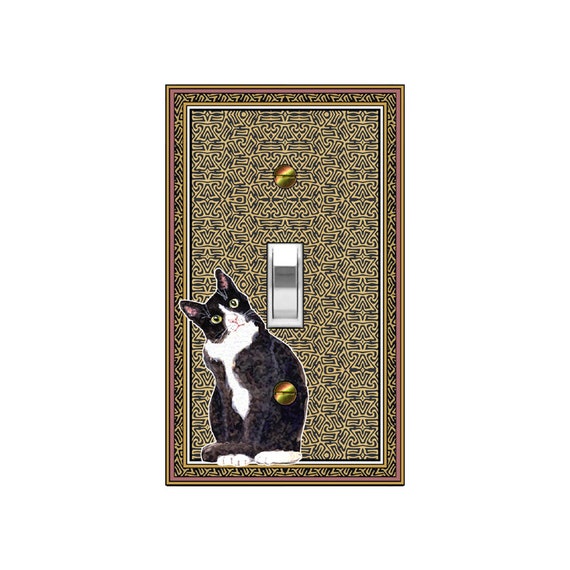 0664A Curious Black & White Cat on Fun Tan Bkd ~ Mrs Butler Unique Switchplate Cover ~ Use Drop Down Boxes ~ Many Cat, Dog, Animal Designs