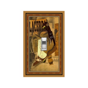 May include: A light switch cover featuring a cubist-style painting of a still life with a bottle, a newspaper, and a fruit. The newspaper reads "LACERBA" and "VILL MA".