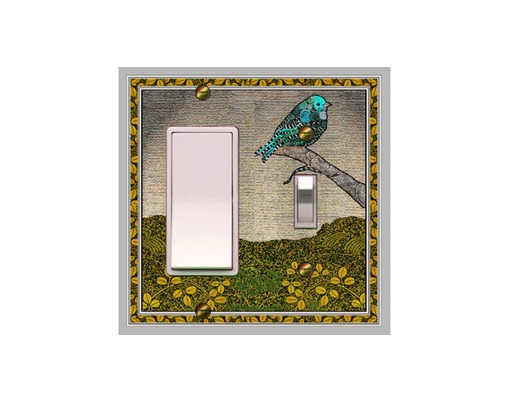 1755X Fancy Teal Aqua Bird on a Branch Gold Leaves Green Accents ~ Mrs Butler Unique Switchplate Cover ~ Use Drop Down Box ~ 1755T Variation
