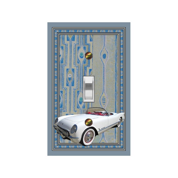 0499A Vintage Sports Car on Art Deco Inverted Mackintosh ~ Mrs Butler Unique Switchplates ~ Use Drop Downs ~ See 0499B Background Design