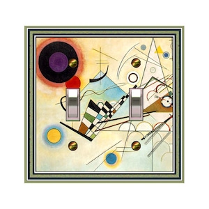 May include: A light switch cover featuring an abstract painting with geometric shapes, circles, and lines in shades of red, yellow, blue, black, white, and green.