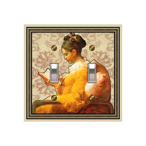 0211A Vintage The Reader in Yellow Dress Book Lovers Design on Tan Floral ~ Mrs Butler Unique Switchplate Cover ~See 0211B Background Design