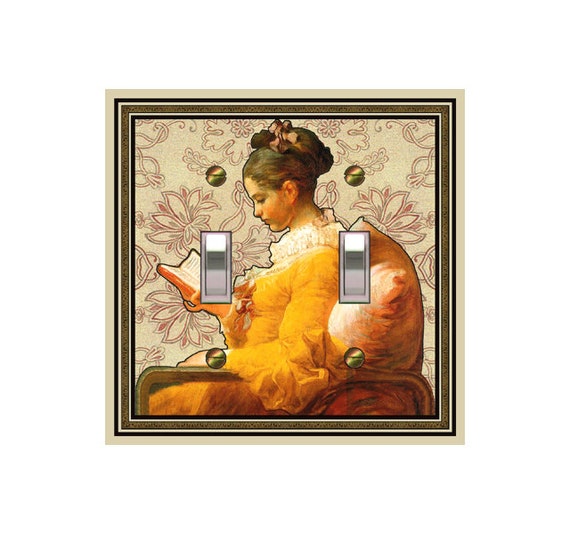 0211A Vintage The Reader in Yellow Dress Book Lovers Design on Tan Floral ~ Mrs Butler Unique Switchplate Cover ~See 0211B Background Design