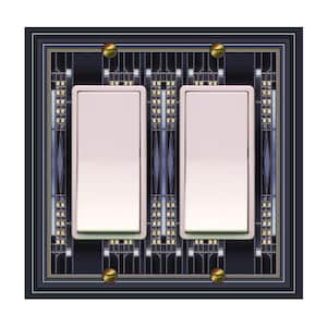 May include: A black double light switch plate with a decorative art deco design. The plate has two white toggle switches with gold accents.