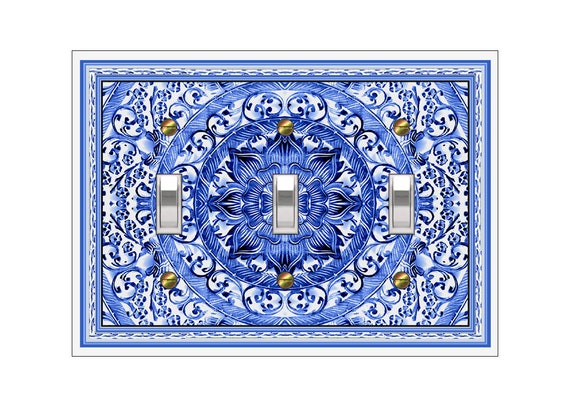 0177C FLAT Image Asian Floral Balinese Carving Inverted Blue ~ Mrs Butler Unique Switchplate Cover ~ Use Drop Downs ~ See 0177B-X Variations