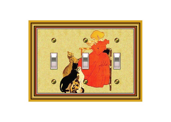 0233X Vintage French Image Child in Red Dress Drinks from Bowl as Cats Beg ~ Mrs Butler Unique Switchplate Cover ~ Use Drop Down Boxes Below