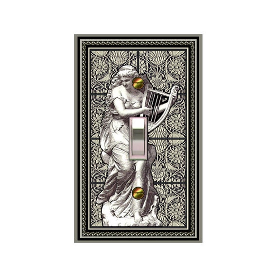 0322A Flat Image Angel Playing Lyre Statue on Floral Tile ~ Mrs Butler Unique Switchplates ~ Use Drop Downs ~ See 0322B Background Design