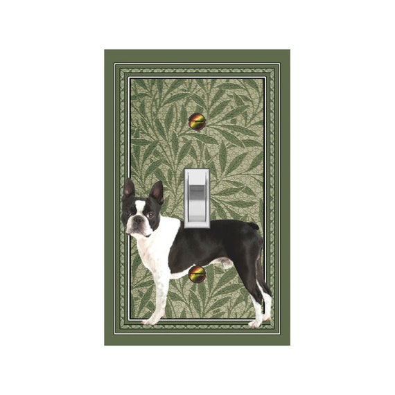 0281C Boston Terrier Black & White Dog on Green Leaves Batik Design ~ Mrs Butler Unique Switchplate ~ Use Drop Downs ~See 0281A-D Variations