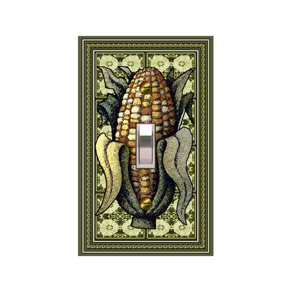 0607A Corn on the Cob on Art Deco Floral Squares ~ Mrs Butler Unique Switchplate Cover ~ Use Drop Down Boxes ~ See 0607B Background Design