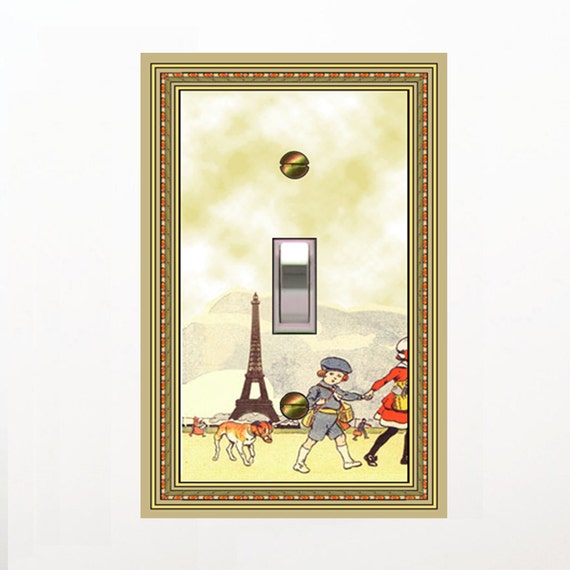 1109X -  Eiffel Tower w/Children light switch plate - - mrs butler switchplates - -many Eiffels