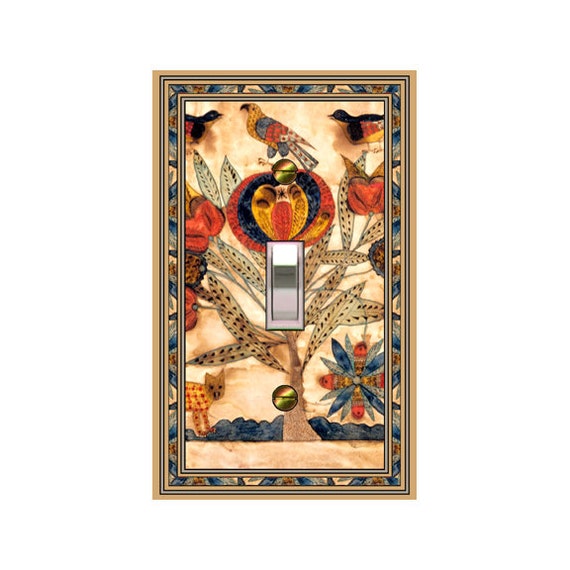 0185X Image of Vintage Folk Art Embroidery Tree Bird Cat Flower Design ~ Mrs Butler Unique Switchplate Cover ~ Use Drop Down Boxes Below