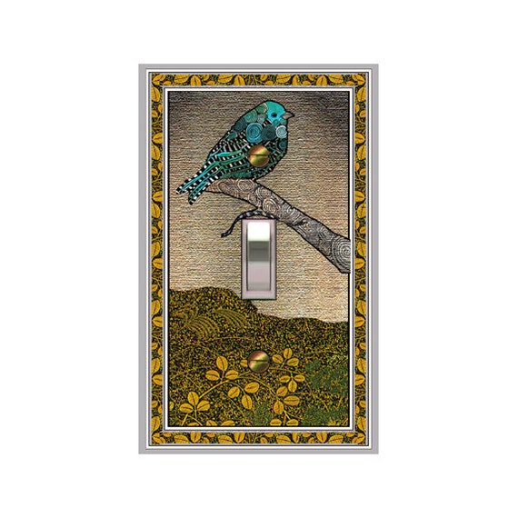 1755X Fancy Teal Aqua Bird on a Branch Gold Leaves Green Accents ~ Mrs Butler Unique Switchplate Cover ~ Use Drop Down Box ~ 1755T Variation