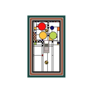 May include: A decorative light switch cover with a colorful geometric design. The cover features a rectangular shape with a green border, and a pattern of red, yellow, blue, and green circles and squares. The switch itself is silver.