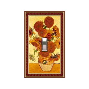 May include: A light switch cover featuring a painting of sunflowers in a vase. The painting is framed in a brown and red frame.