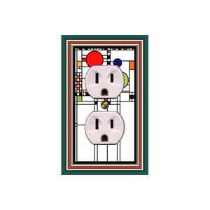 May include: A white electrical outlet with two plugs, framed in a green and brown border with a colorful geometric design. The design features red, orange, yellow, green, blue, and black shapes.